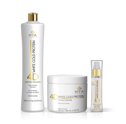 Kit Entretien White Gold Protein MYA COSMETIC : shampoing, masque et parfum capillaire