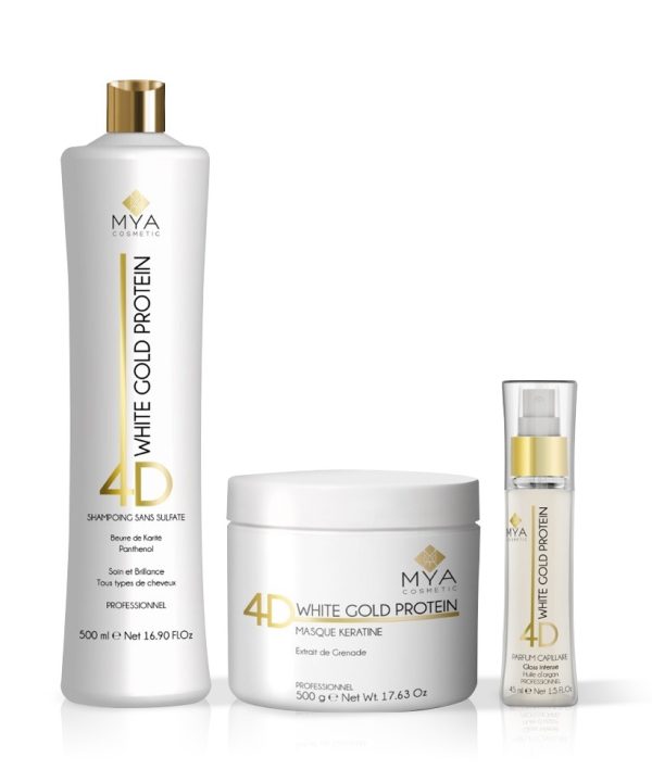 Kit Entretien White Gold Protein MYA COSMETIC : shampoing, masque et parfum capillaire