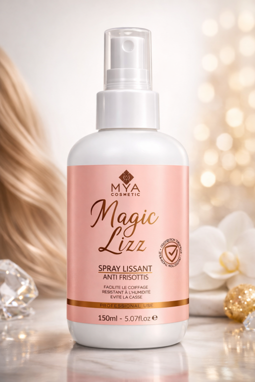 Magic Lizz – Spray lissant thermoprotecteur MYA COSMETIC – flacon 150 ml à étiquette rose poudré, mèche blonde en fond