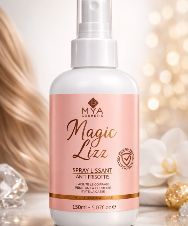 Magic Lizz – Spray lissant thermoprotecteur MYA COSMETIC – flacon 150 ml à étiquette rose poudré, mèche blonde en fond