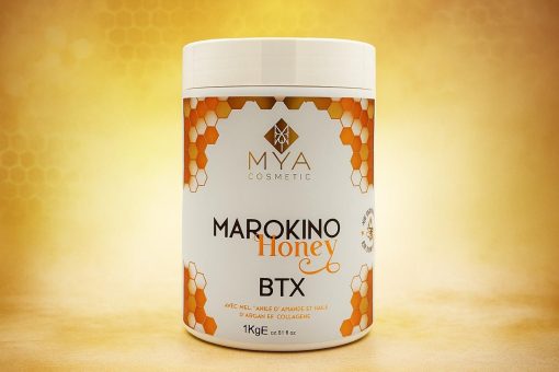 BTX Marokino – Soin lissant 1000 ml MYA COSMETIC – pot à étiquette motif alvéoles de miel sur fond doré
