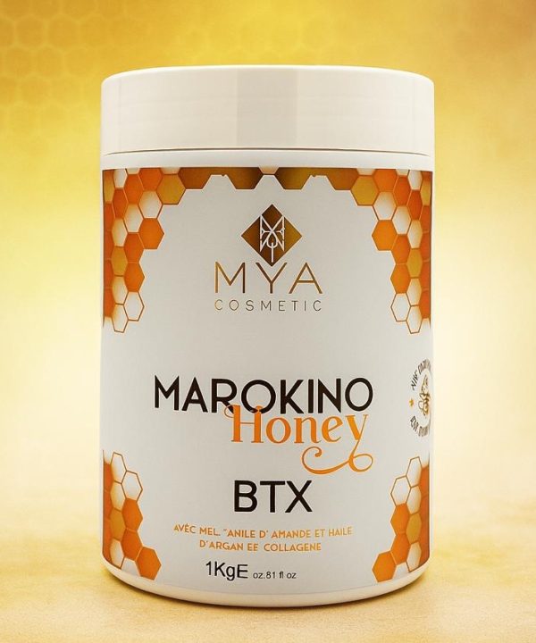 BTX Marokino – Soin lissant 1000 ml MYA COSMETIC – pot à étiquette motif alvéoles de miel sur fond doré