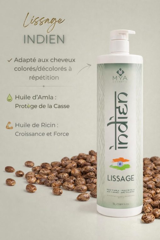 Lissage Indien – Format salon 1000 ml MYA COSMETIC – flacon, seconde vue en mise en scène