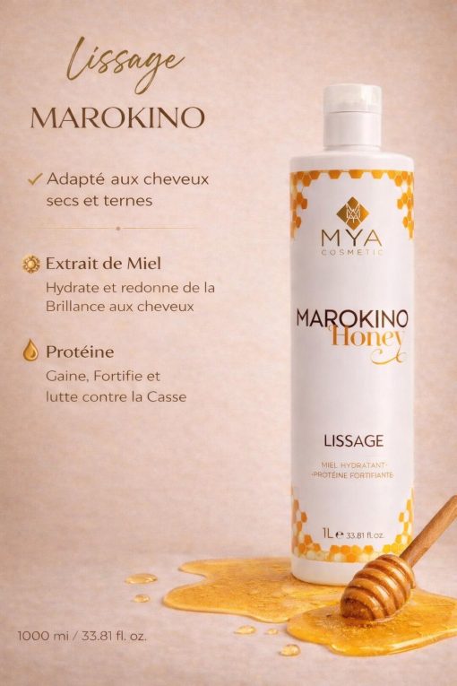 Lissage Marokino Honey MYA COSMETIC 1 L : extrait de miel hydratant et protéine fortifiante pour cheveux secs et ternes