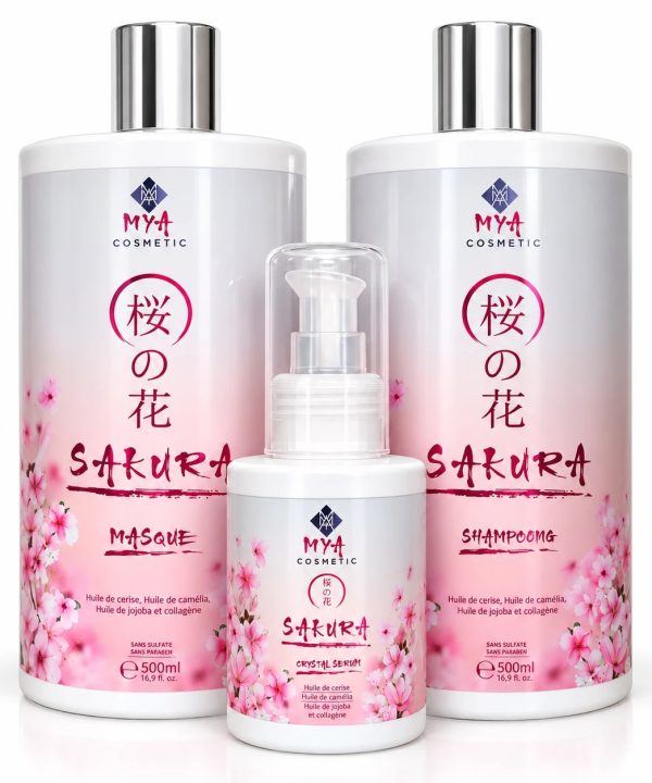 Kit d’entretien Sakura MYA COSMETIC : shampooing 500 ml, masque 500 ml et Crystal Serum