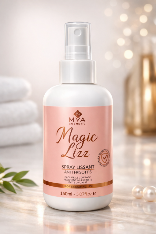 Magic Lizz – Spray lissant thermoprotecteur MYA COSMETIC – flacon avec macaron protection thermique sur plan de marbre