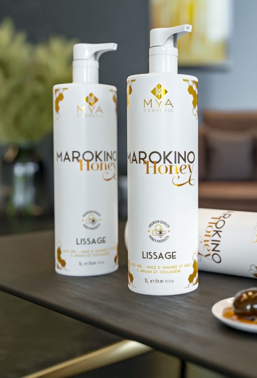 Deux flacons Lissage Marokino Honey MYA COSMETIC 1000 ml au miel, à l’huile d’amande, à l’huile d’argan et au collagène