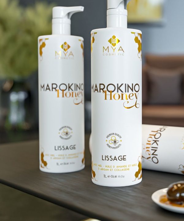 Deux flacons Lissage Marokino Honey MYA COSMETIC 1000 ml au miel, à l’huile d’amande, à l’huile d’argan et au collagène