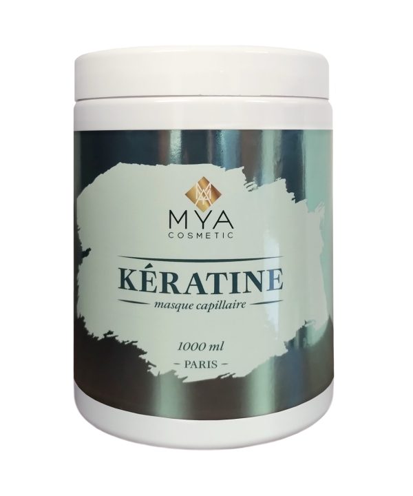 Masque BTX Kératine MYA COSMETIC, pot de 1000 ml à étiquette bleu pétrole